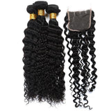 Bundle Deals With Closure Deep Curly Virgin Human Hair Natural Black